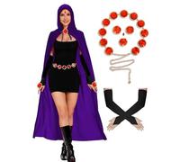 Makoike Raven Costume da donna viola con cappuccio mantello anime streghe corvo mantello mantello mantello guanti gemma rossa costume di Halloween puntelli di carnevale