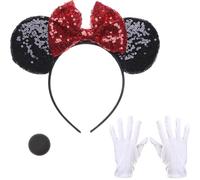 Makoto Nobu 3 Pezzi Accessori Mouse Cerchietto Costume,Cerchietto con Orecchie di Mouse Scintillanti, 1 Naso 2 Guanti Bianchi Papillon,Adatto Halloween, Carnevale,Cosplay Festa A Tema Bambini Adulto