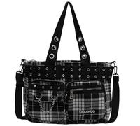 Makukke Borsa Tote da Donna Y2K a Tracolla Grande Gotica con Teschio per Lavoro, Ufficio, Viaggi - Plaid Nero