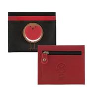 Mala Leather Bobbie Robin Bird - Porta carte di credito con cerniera, in vera pelle, con protezione RFID, scomparti per schede, tasca per monete e portamonete, colore: nero e rosso