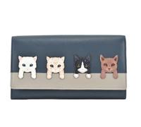 Mala Leather Cats on Wall Flap Over Purse - Portafoglio da donna in vera pelle con motivo gatti appliqué - 8 scomparti per carte, tasche portamonete con zip e protezione RFID - Navy