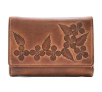 Mala Leather Wild Bloom Classic Floral Tan Leather Tri-Fold Purse RFID Protection - Vera Pelle - 6 slot per schede, finestra per documenti, banconote e tasche portamonete con zip - 12,5 × 9 × 3 cm
