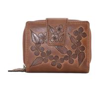 Mala Leather Wild Bloom - Portafoglio in vera pelle marrone chiaro con applicazioni floreali, protezione RFID, 4 scomparti per carte di credito, porta documenti e portamonete, 10,5 x 8 x 3 cm, Marrone
