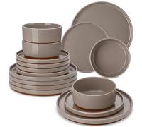 MALACASA 18 Pezzi Servizio Piatti Moderni, Set di Piatti da 6 Persone in Gres con 6 Piatti Piani, 6 Ciotole per Cereali, 6 Piatti da Dessert, Marrone - Serie LEAH