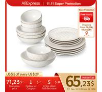 MALACASA LYDIA Set di stoviglie in ceramica da 12/16 pezzi Design moderno in rilievo con piatto da pranzo/dessert/sopa/bolla di cereali da 4/8 pezzi