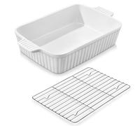 MALACASA Serie BAKE, Teglia Rettangolare in Oorcellana con Griglia da 4200 ml, Grande Teglia con Manici per Gratin e Casseruole, Lavabile in Lavastoviglie, Bianco