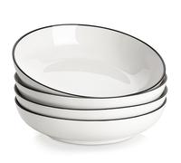 MALACASA Serie REGULAR Piatti per Pasta in Porcellana da 1250 ml, Piatti Fondi, Set di 4 Ciotole per Insalata, Bianco con Bordo Nero