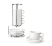 MALACASA Serie REGULAR, Set di 4 Tazze da Caffè per 4 Persone, 150 ml, Servizio da Caffè Impilabile con Piattino e Supporto in Metallo, Ideale per Espresso, Cappuccino, Latte, Moka e Tè, Bianco
