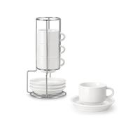 MALACASA Serie REGULAR, Set di 4 Tazze da Caffè per 4 Persone, 90 ml, Servizio da Caffè Impilabile con Piattino e Supporto in Metallo, Ideale per Espresso, Cappuccino, Latte, Moka e Tè, Bianco