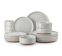 MALACASA, Serie TARA, Servizio da Tavola in Gres per 6 Persone, Set di 18 Pezzi con Piatti Piani, Piatti da Dessert e Ciotole per Cereali, Design Effetto Sesamo in Grigio con Base Kaki
