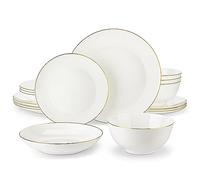 MALACASA Servizio da tavola per 4, 16 pezzi Bone China, servizio da tavola rotondo bianco con bordo dorato, con piatto da dessert, piatto fondo e ciotola per cereali 4, serie NORI