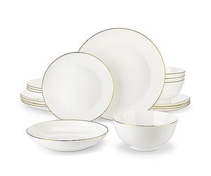 MALACASA Servizio da tavola per 4, 16 pezzi Bone China, servizio da tavola rotondo bianco con bordo dorato, con piatto da dessert, piatto fondo e ciotola per cereali 4, serie NORI