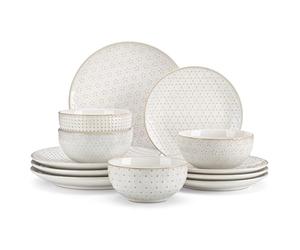 MALACASA Servizio di Piatti da 12 Pezzi in Gres, Set di Piatti Moderni per 4 Persone, Include Piatto da Pranzo/Ciotola/Piatto da Dessert - Serie LYDIA