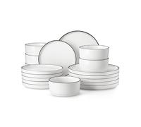 MALACASA Servizio di Piatti in Porcellana per 6 Persone, 18 Pezzi con Piatti Piani ∅ 26 cm, Piatti da Dessert ∅ 21 cm e Ciotole per Cereali da 760 ml, Bianco con Bordo Nero, Serie LEAH