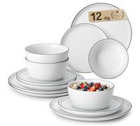 MALACASA Servizio di Piatti per 4 Persone, 12 Pezzi Set Piatti Moderni con 4 Piatti Piani, 4 Piatti da Dessert, 4 Ciotole per Cereali, Bianco con Bordo - Serie LEXI