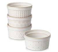 MALACASA Set di 4 Pirottini per Soufflé 240 ml con Coperchio, Ø 11,1 x 5,6 cm, Ciotoline e Stampini Rotondi da Forno in Porcellana per Dolci, Soufflé, Merenda e Snack, Bianchi, Adatti a Lavastoviglie