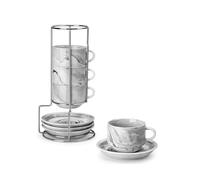MALACASA Set di 4 tazze da espresso da 75 ml, a parete spessa con piattini e supporto, impilabili, tazze italiane in porcellana grigia, lavabili in lavastoviglie, serie regolare