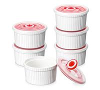 MALACASA Set di 6 Pirottini per Soufflé 240 ml con Coperchio, Ø 9,2 x 5 cm, Ciotoline e Stampini Rotondi da Forno in Porcellana per Dolci, Soufflé, Merenda e Snack, Bianchi, Adatti a Lavastoviglie