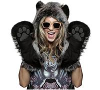 Malaxlx Cappello invernale con cappuccio in pelliccia sintetica con orecchie e impronte di zampe, guanti 3 in 1, Lupo grigio, taglia unica