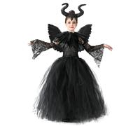 Malefica Costume Bambina Halloween: Vestito da Regina Strega Cattiva Maleficent per Ragazze con Copricapo Corna e Mantello Ali Nero per Halloween Carnevale Cosplay Festa Abito (M)