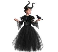 Malefica Costume Bambina, Malefica Costume da Regina per Bambine, Vestito Malefica Bambina,Abito da Regina Cattiva con Copricapo Corna,Ali,Coprispalle di Piume,Maniche in Pizzo e Corvo Finto Carnevale