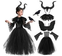 Malefica Costume Bambina, Vestito Malefica per Bambine con Copricapo, Ali, Coprispalle di Piume, Maniche, Corvo, Vestito Malefica Bambina, Abito da Regina Cattiva per Halloween Carnevale Cosplay