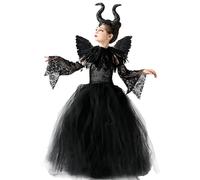 Malefica Costume da Regina per bambine, Strega Cattiva Halloween, Abiti Tutu Principessa, Gonna Tulle Festa a Tema, Vestito Carnevale Natale Cosplay (L 120-135 cm)