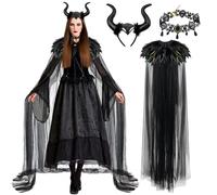 Malefica Costume Donna, Gotico Vestito Strega Maleficent con Corna Scialle di Piume, Vestito da Regina Strega Cattiva, per Halloween, carnevale, feste in maschera, cosplay e feste in maschera