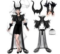 Malefica Costume Donna,Halloween Cosplay Vestito Malefica,Gotico Vestito Strega Maleficent con Corna Scialle Piume Polsini Piume, Vestitos da Regina Strega Cattiva per Halloween Carnival Cosplay Festa