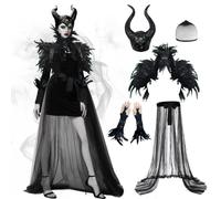 Malefica Costume Donna, Vestito da Regina Strega Cattiva con Scialle Gotico di Piume Halloween Cosplay Malefica Hat in Lattice Colore Nero, Halloween Cosplay Vestito Malefica per Hallo-ween Carnevale