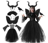 Malefica Costume per Bambina, 6 Pzs Vestito Malefica per Ragazza, Abito da Regina Cattiva con Copricapo Corna, Ali, Coprispalle di Piume, Maniche in Pizzo e Corvo Finto per Halloween Carnevale (130)