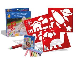 MALEFIX Street Chalk Stencil Set Adventure - 3 stencil, 18 gessetti in 9 colori, 1 porta gessetti - Evocare opere d'arte avventurose in fattoria, giardino e asfalto - per momenti artistici colorati e