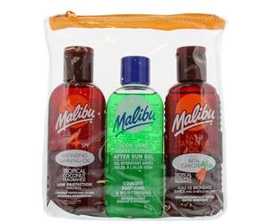 Malibu Sun Fast Tanning Travel Essentials, SPF 4 abbronzante e olio di beta carotene, gel doposole lenitivo all'aloe vera, resistente all'acqua, profumo di cocco tropicale, 3 x 100 ml