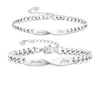 Malihome Set di bracciali a catena per coppie con simbolo dell'infinito personalizzato, incisione del nome personalizzabile,coordinato con i gioielli per lui e per lei (Silver)