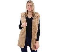 Malito CR-1958 - Gilet da donna con cappuccio in pelliccia sintetica a costine, con cerniera, Cammello, S