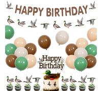 Mallard Duck - Decorazioni per feste di compleanno per ragazzo, a tema anatra, con striscione di buon compleanno, topper per torta di anatra, 24 topper per cupcake, palloncini per bambini di 1, 2, 3,