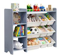 MallBest Scaffale per giocattoli per bambini a 4 ripiani, 100% legno massello, armadietto per bambini con 9 contenitori in plastica e 3 porte di stoccaggio (colore grigio)