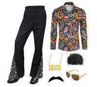 Malloom Abiti anni '70 da uomo, 6 pezzi, costume da discoteca retrò con pantaloni a campana per feste in discoteca (floreale) (XXL)