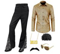 Malloom Abiti anni '70 da uomo, 6 pezzi, costume da discoteca retrò con pantaloni a campana per feste in discoteca (oro) (XL)