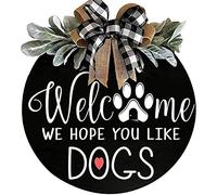 Malloy Cartello di Benvenuto Gancio per Porta D'Ingresso Ghirlanda con Benvenuto Ci Auguriamo Che Ti Piacciano I Cani Decorazioni con Fiocchi di Fiori da Appendere Tondi