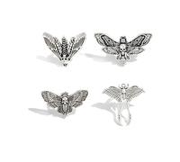 MALOYANVE Set di 4 anelli gotici per falena della morte, per donne e uomini, vintage, placcati in argento, con teschio e falena, anelli regolabili, stile punk grunge, Y2k, accessori emo, Adjustable