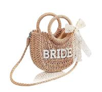 MALSSE Borsa a tracolla in paglia da sposa per la sposa o la spiaggia con design intrecciato con fiocco in pizzo per foto borsa in fibra naturale, Sposa., Taglia unica