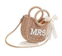 MALSSE Borsa a tracolla in paglia da sposa per la sposa o la spiaggia con design intrecciato con fiocco in pizzo per foto borsa in fibra naturale, Mrs, Taglia unica