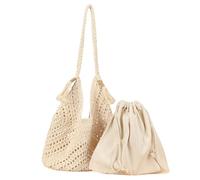 MALSSE Borsa da spiaggia da donna lavorata a maglia con spalla di paglia interna alla moda per vacanze quotidiane per viaggi da donna casual a spalla in paglia da spiaggia lavorata a mano, Beige, One
