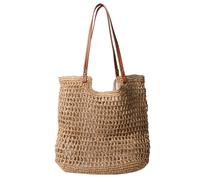 MALSSE Borsa di paglia da donna moda spiaggia borsa grande capacità borsa scava fuori spalla ragazze tessitura vacanza donna spalla paglia borsa fatta a mano scavare spiaggia semplice, cachi, One Size