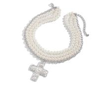 MALSSE Collana con ciondolo a forma di crocifisso in lega, con perle finte, lunghezza regolabile, girocollo da indossare tutti i giorni, Silver, come descritto, come descritto