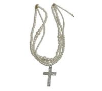 MALSSE Collana di perle artificiali impilabili di ispirazione francese con croci di cristallo scintillante ciondolo clavicola catena gioielli per lei gioielli di perle impilabili quotidiane