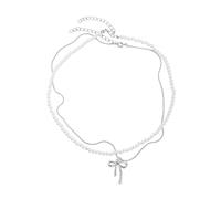 MALSSE Collana girocollo con perline a doppio strato con ciondolo a forma di fiocco e catena a clavicola, aggiunta a qualsiasi outfit collana di perline, Misura unica, come descritto, come descritto