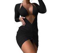 MALSSE Costume da bagno da donna a vita alta, 3 pezzi, costume da bagno con kimono da spiaggia, copricostume da bagno in tinta unita, abbigliamento da spiaggia da donna con fascia in vita