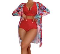 MALSSE Costume da bagno da donna con kimono lungo da spiaggia, 3 pezzi, con controllo della pancia, costume da bagno floreale con pantaloncini stampati